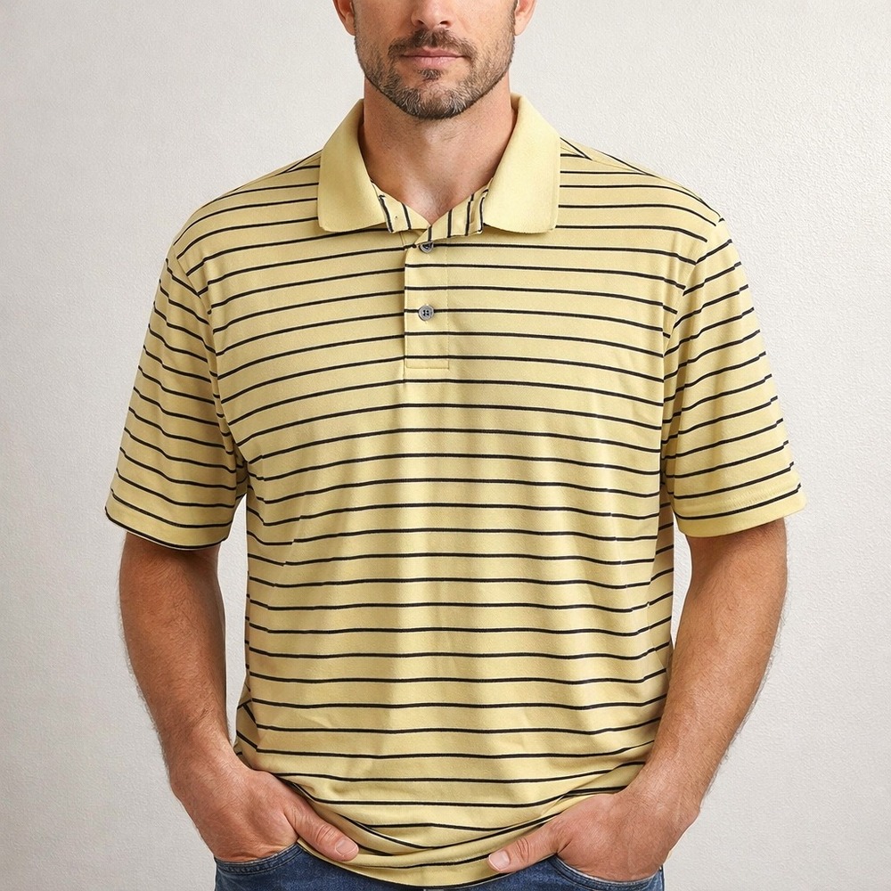 FootJoy Polo Shirt Mens Medium Yellow Striped Golfcore Pique Short Sleeve Logo